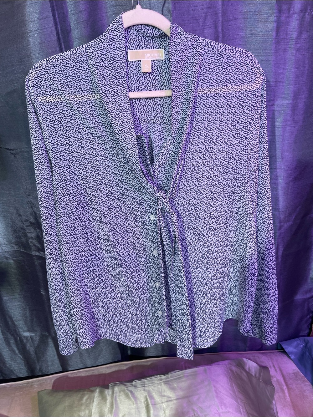 Michael Kors Navy and White Abstract Tie-Neck Blouse